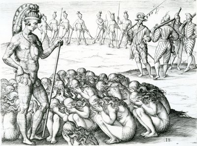 Morbo Sublati Postulata a Rege, Illustration from Brevis Narratio Eorvm Qvae in Florida Americae Provicia Gallis Acciderunt 1591 by Jacques Le Moyne
